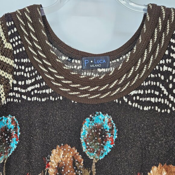 P. Luca Milano Midi Knit Dress Medium Brown Floral Sequin Bling Short Sleeve - Picture 3 of 11